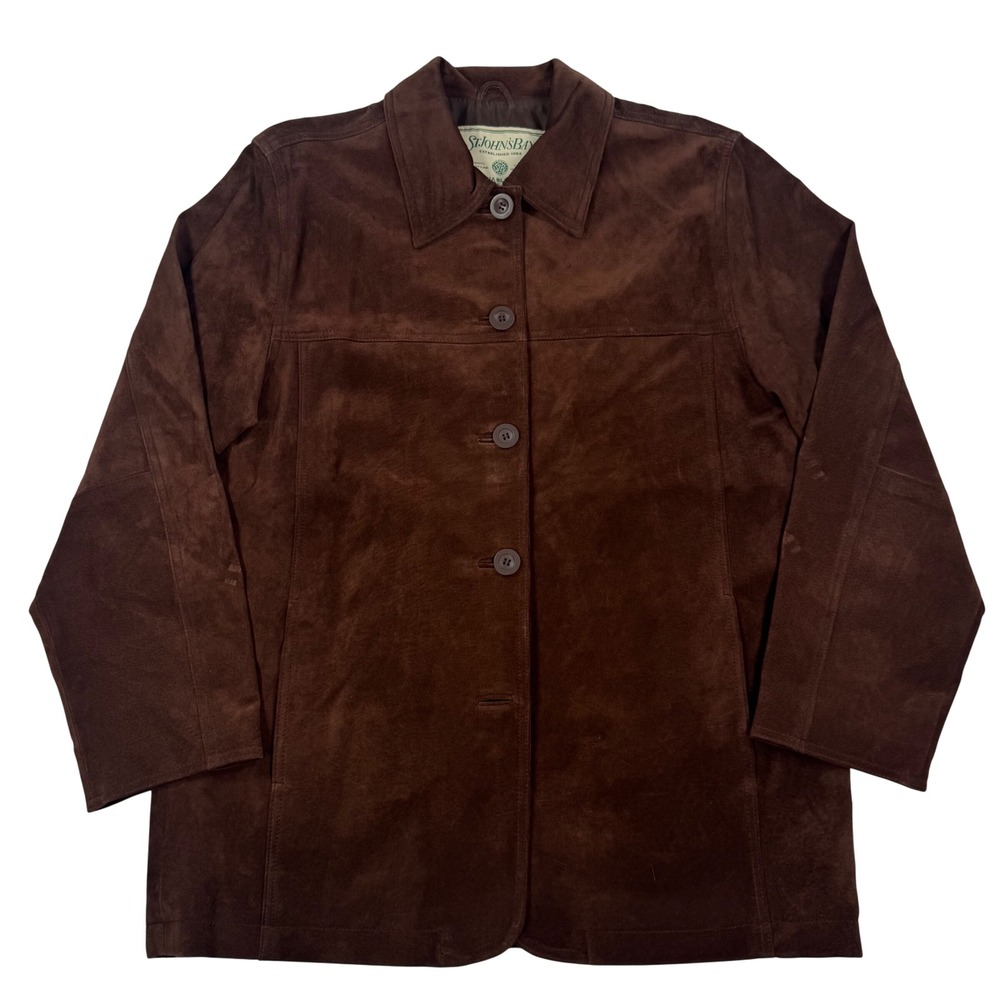 St Johns Bay Brown Washable Suede Leather Jacket Button Front Medium 90s Y2K